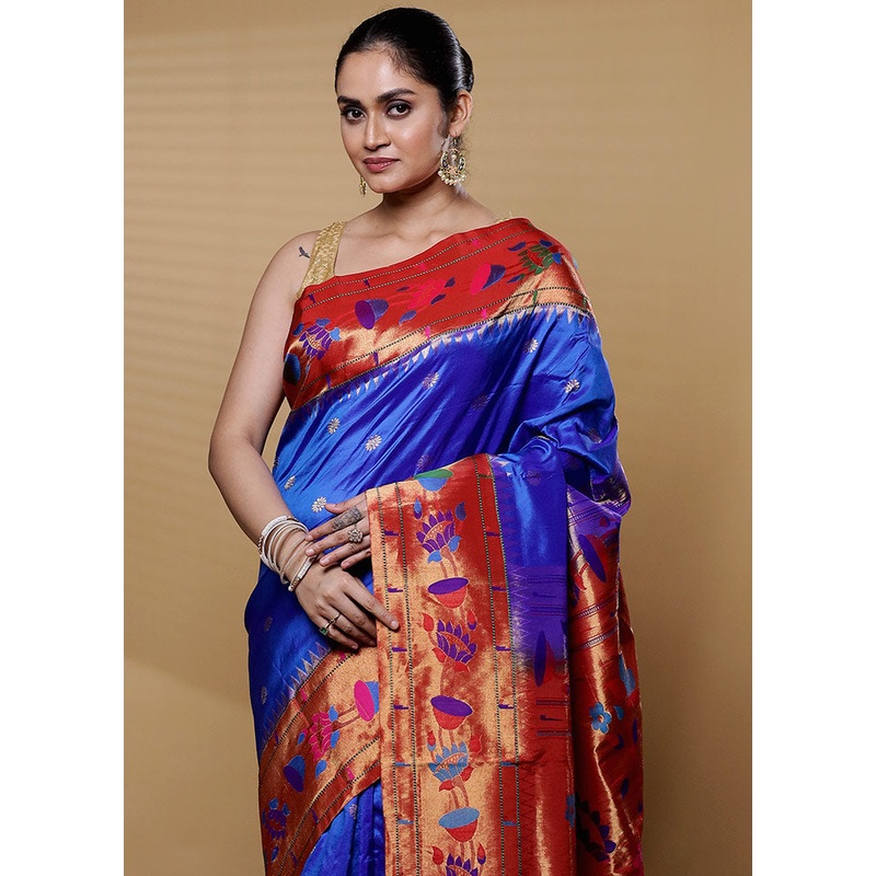 Blue Handloom Kanchipuram Pure Silk Saree With Blouse Piece - JD986612237