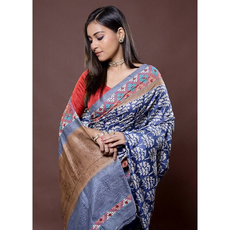 Blue Handloom Tussar Pure Silk Saree With Blouse Piece - JD986612187