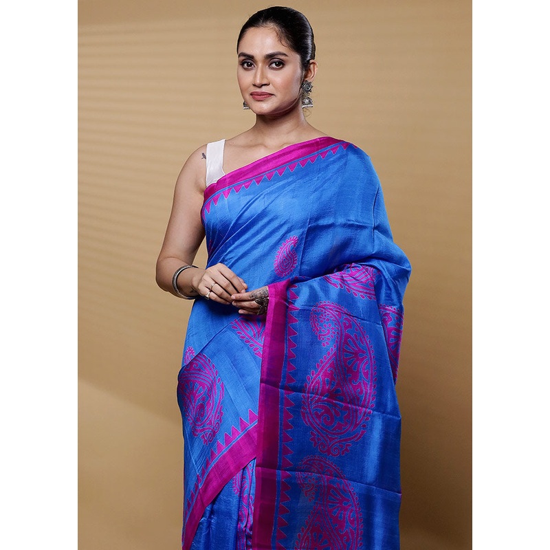 Blue Printed Pure Silk Saree Without Blouse Piece - JD986612236