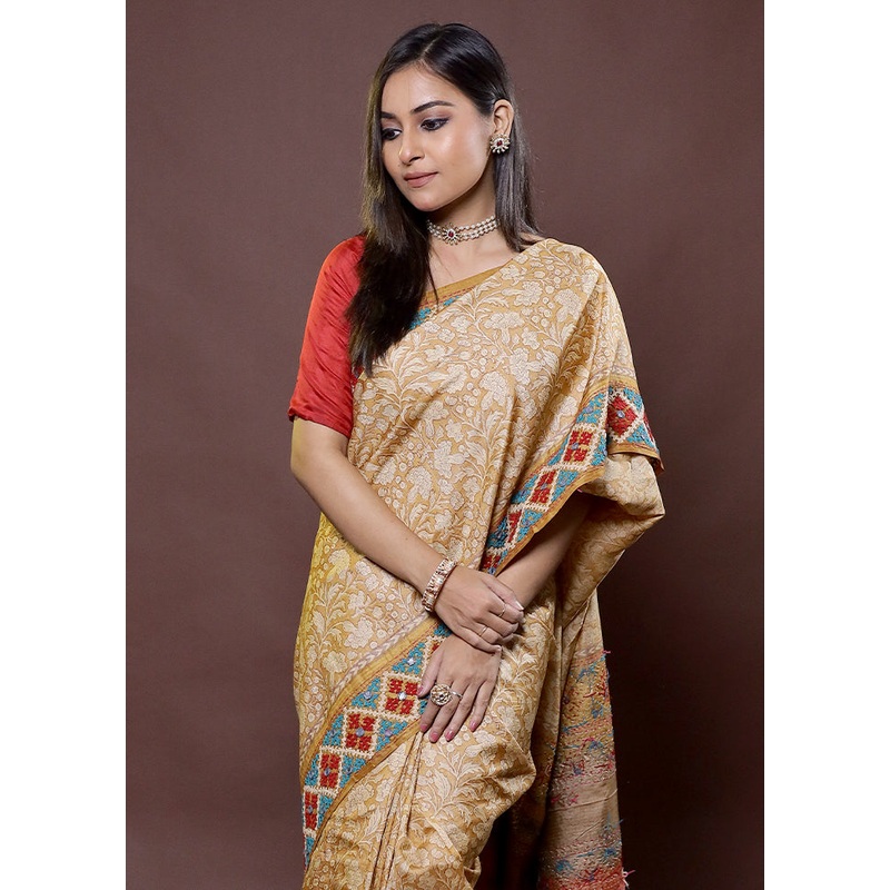 Brown Handloom Tussar Pure Silk Saree With Blouse Piece - JD986612185
