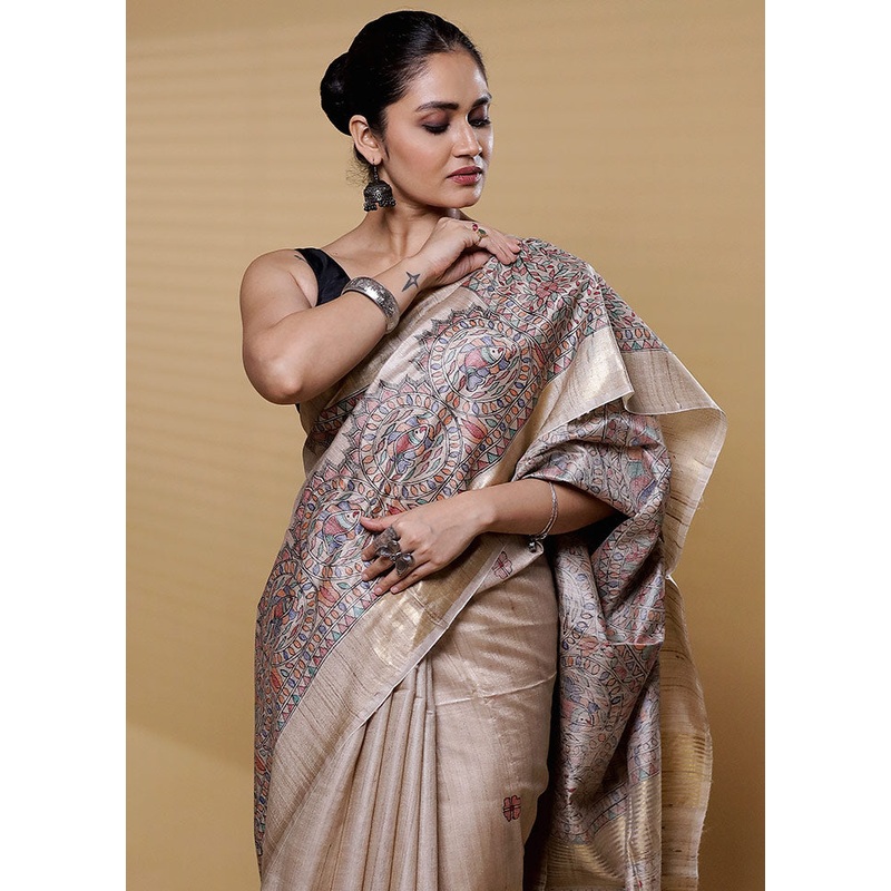 Cream Handloom Tussar Pure Silk Saree With Blouse Piece - JD986612235