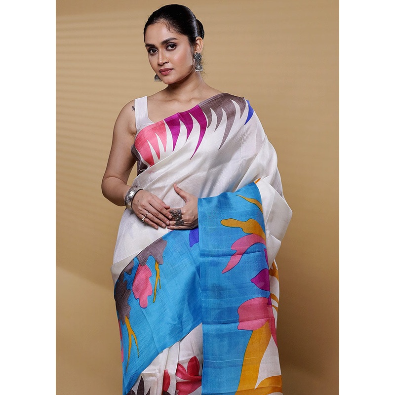 Cream Printed Pure Silk Saree Without Blouse Piece - JD986612234