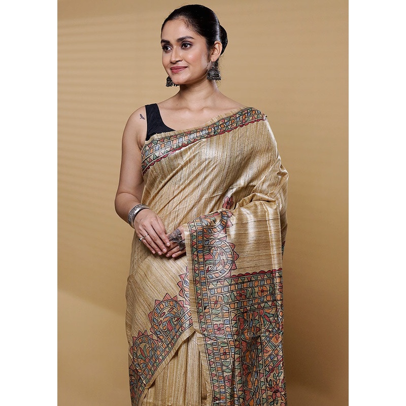Cream Tussar Silk Saree With Blouse Piece - JD986612229