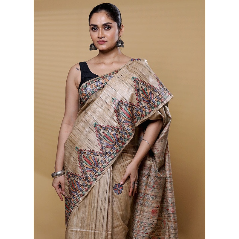 Cream Tussar Silk Saree With Blouse Piece - JD986612230