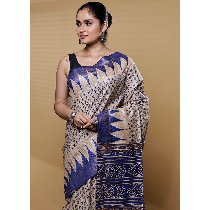 Cream Tussar Silk Saree With Blouse Piece - JD986612231