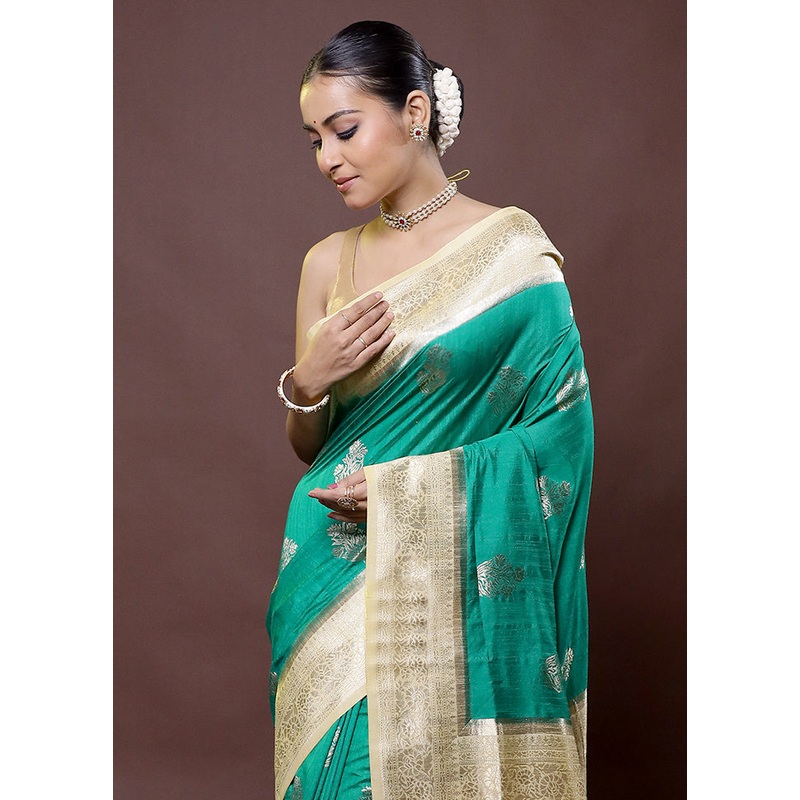 Green Dupion Silk Saree With Blouse Piece - JD986612184