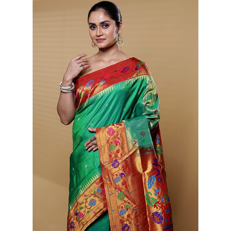 Green Handloom Kanchipuram Pure Silk Saree With Blouse Piece - JD986612227