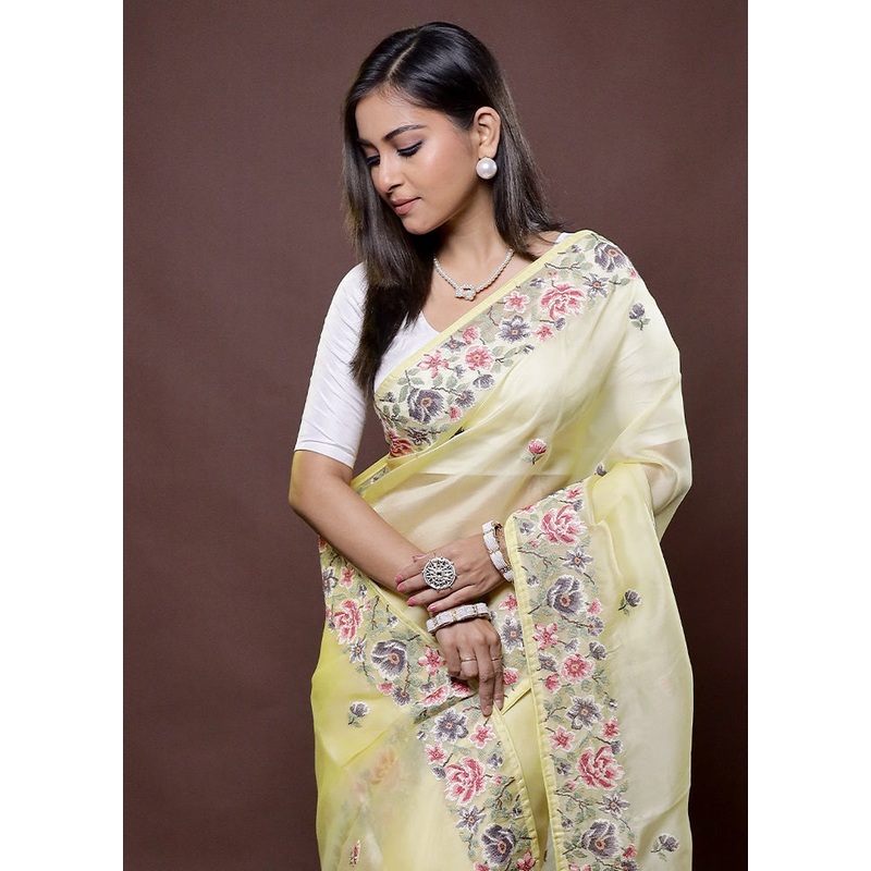 Green Handloom Pure Organza Saree With Blouse Piece - JD986612182