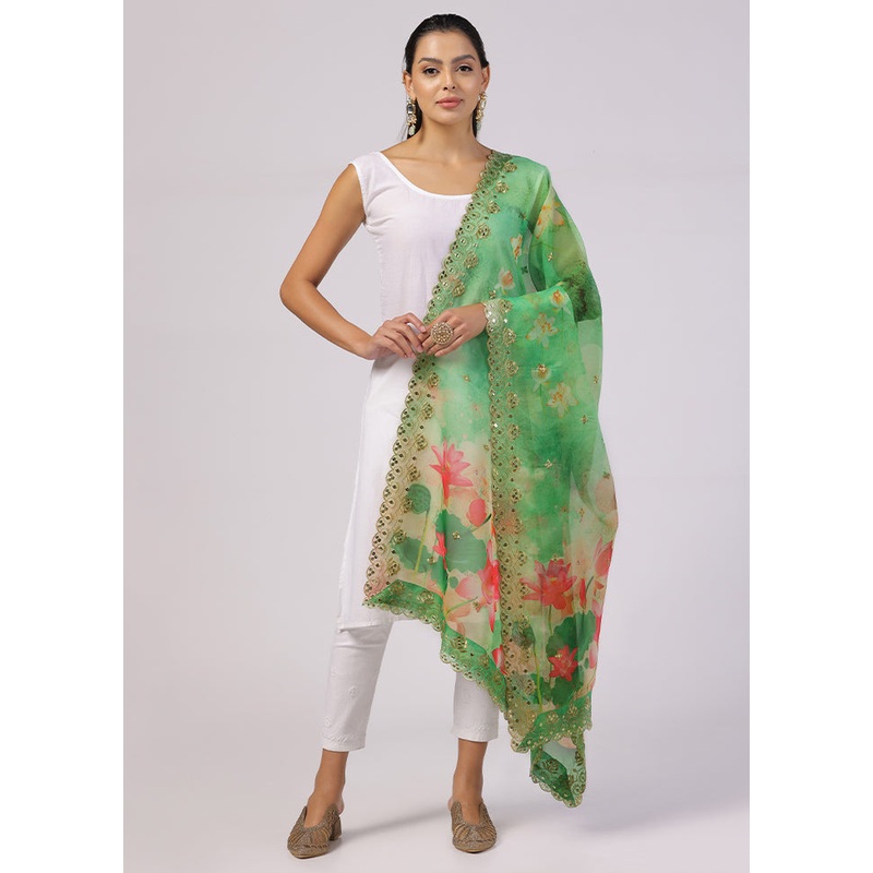 Green Organza Designer Digital Printed Work Dupatta - JD986612245
