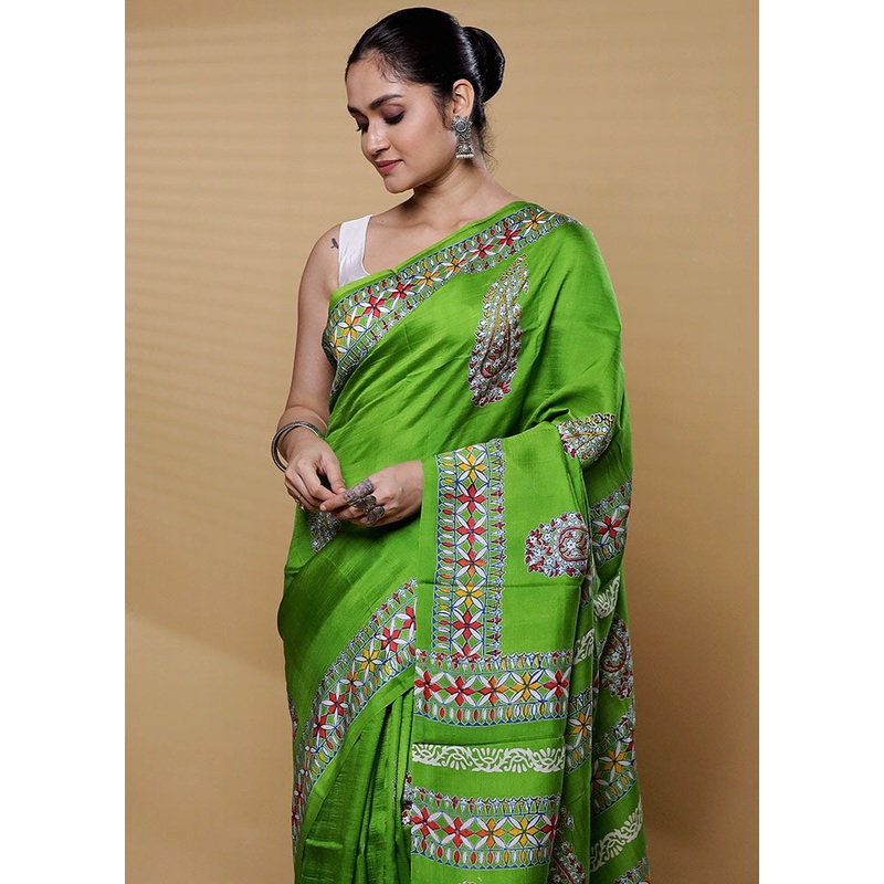 Green Printed Pure Silk Saree Without Blouse Piece - JD986612224