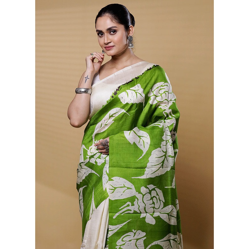 Green Printed Pure Silk Saree Without Blouse Piece - JD986612225