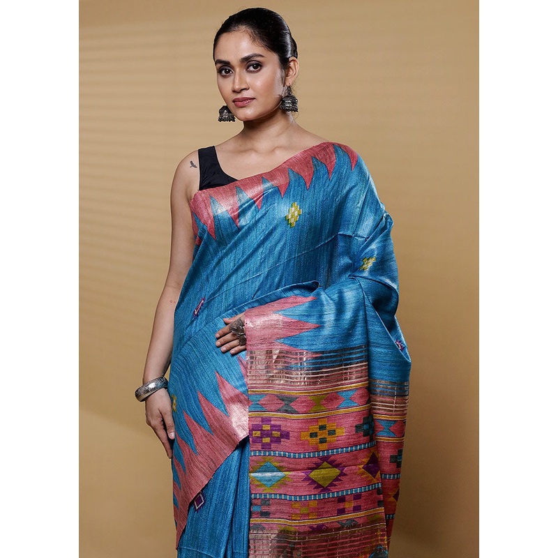 Green Tussar Silk Saree With Blouse Piece - JD986612222