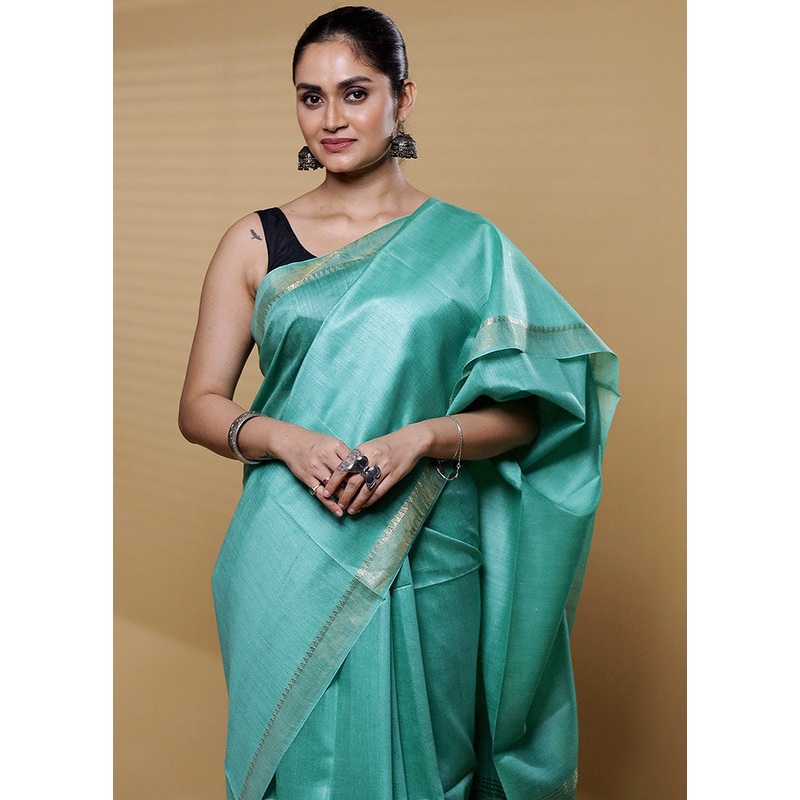 Green Tussar Silk Saree With Blouse Piece - JD986612223
