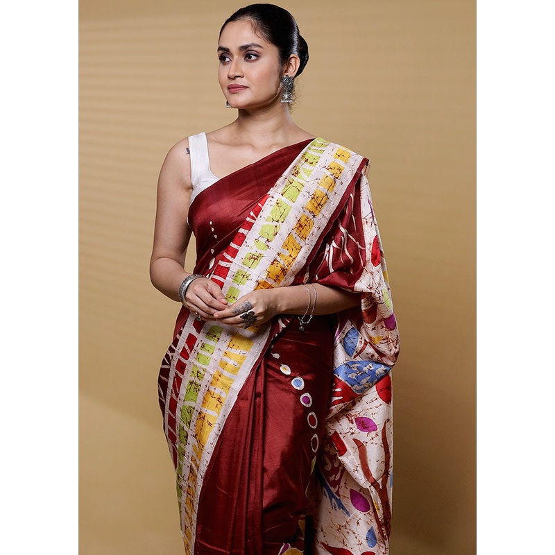 Maroon Printed Pure Silk Saree Without Blouse Piece - JD986612221