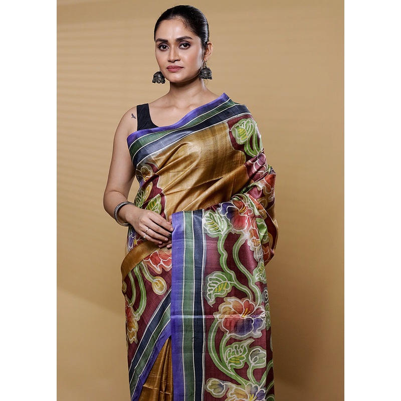 Multicolor Handloom Tussar Pure Silk Saree With Blouse Piece - JD986612219