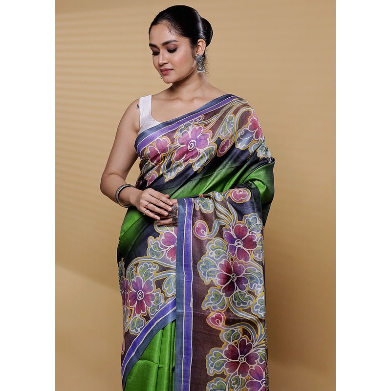 Multicolor Handloom Tussar Pure Silk Saree With Blouse Piece - JD986612220