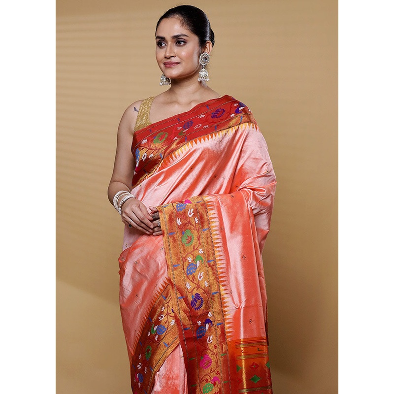Peach Handloom Kanchipuram Pure Silk Saree With Blouse Piece - JD986612211