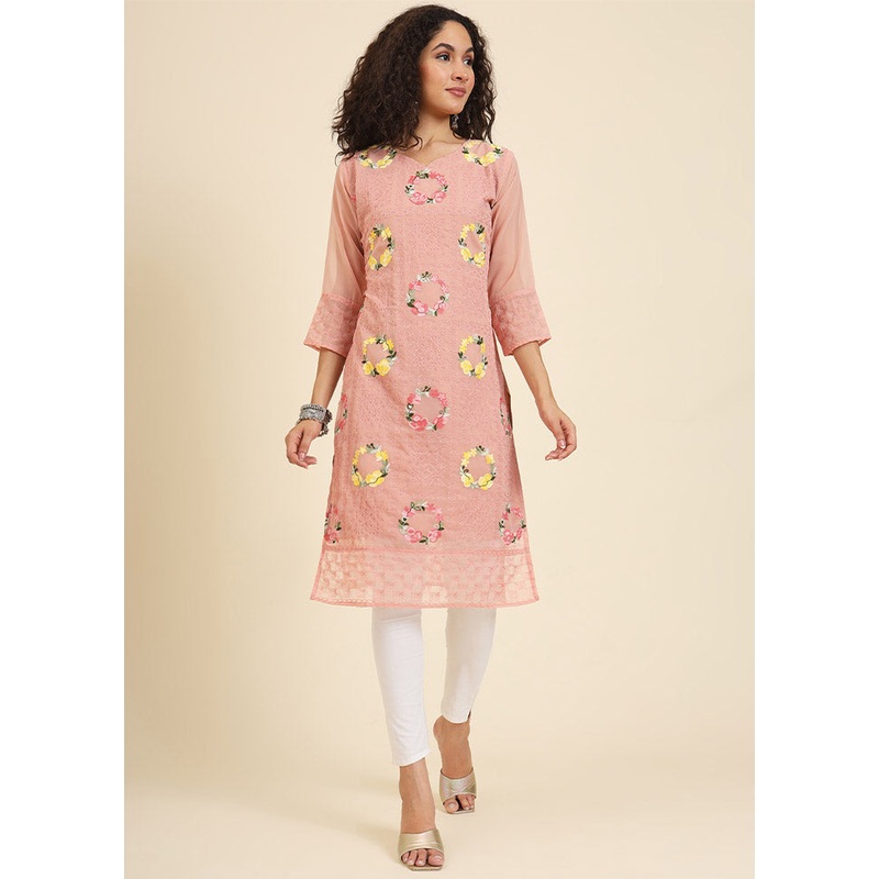 Peach Readymade Georgette Kurti - JD986612254