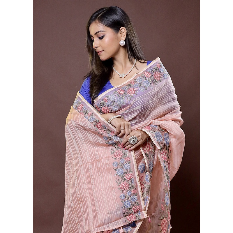 Pink Handloom Pure Organza Saree With Blouse Piece - JD986612177