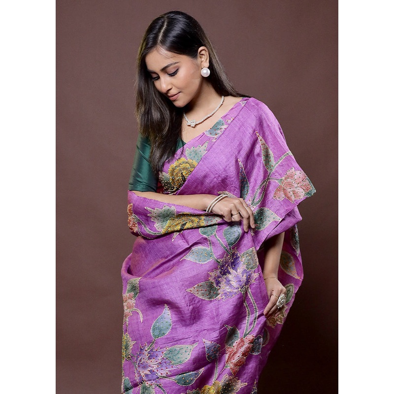 Pink Handloom Tussar Pure Silk Saree With Blouse Piece - JD986612176