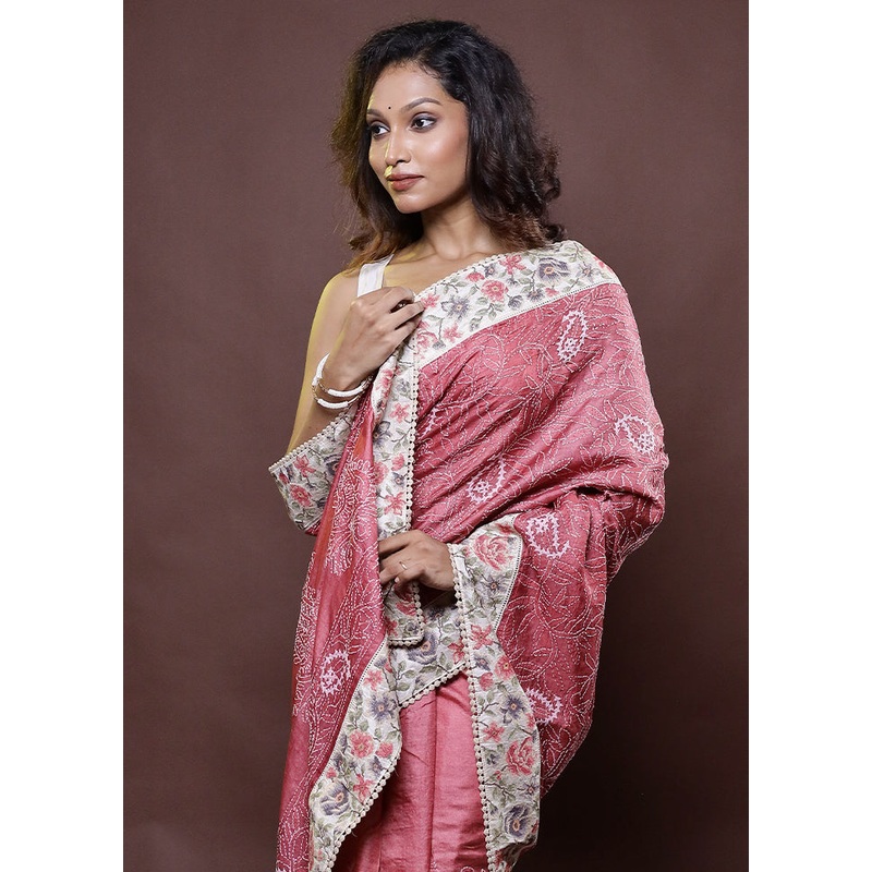 Pink Handloom Tussar Pure Silk Saree With Blouse Piece - JD986612284