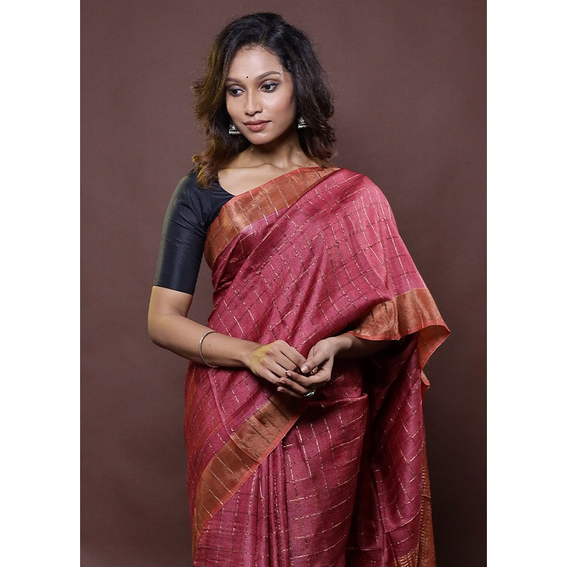 Pink Handloom Tussar Pure Silk Saree With Blouse Piece - JD986612285