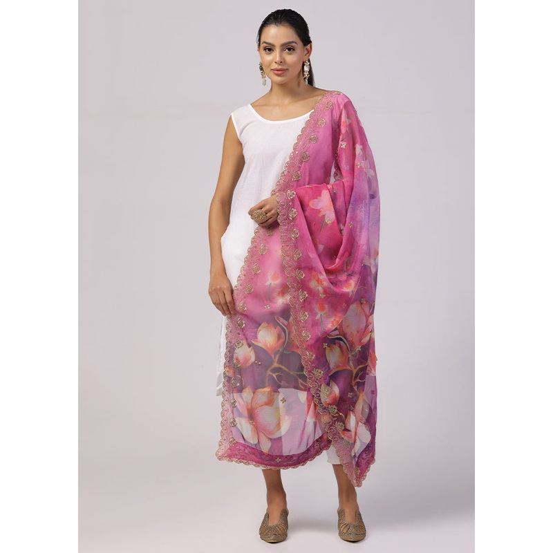 Pink Organza Designer Digital Printed Work Dupatta - JD986612244