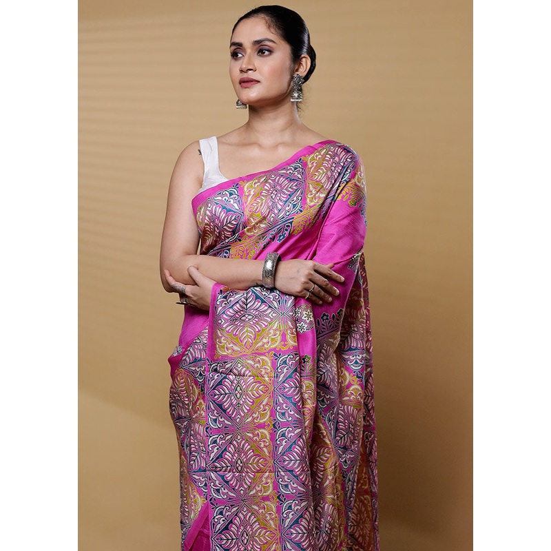 Pink Printed Pure Silk Saree Without Blouse Piece - JD986612208