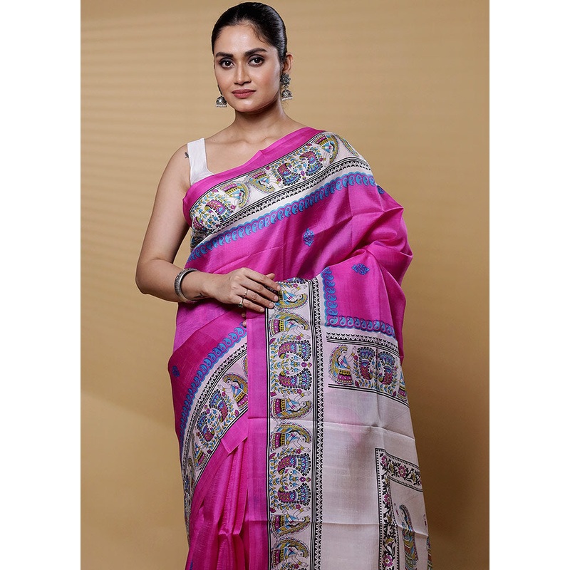 Pink Printed Pure Silk Saree Without Blouse Piece - JD986612209