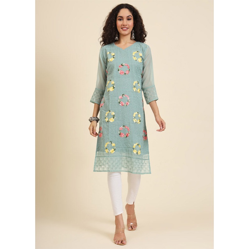 Pista Green Readymade Georgette Kurti - JD986612251