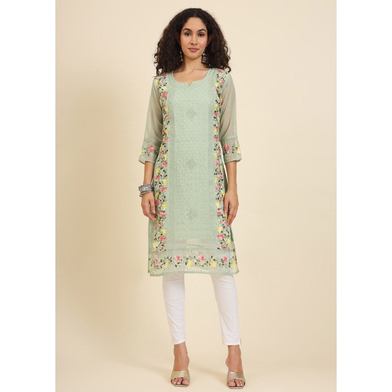 Pista Green Readymade Georgette Kurti - JD986612252
