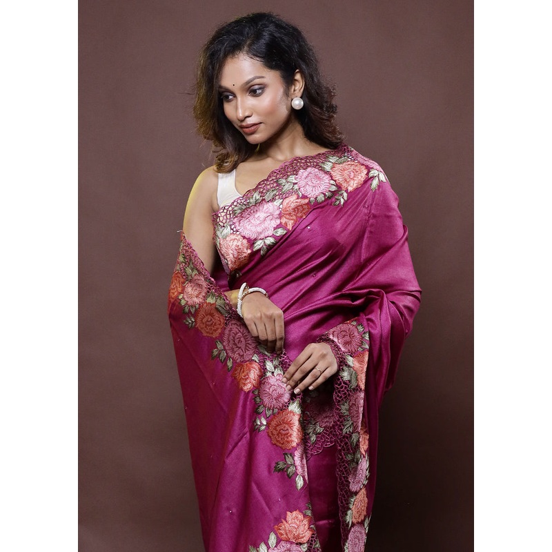 Purple Handloom Tussar Pure Silk Saree With Blouse Piece - JD986612281