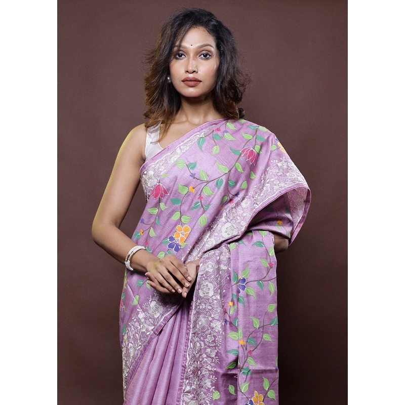 Purple Handloom Tussar Pure Silk Saree With Blouse Piece - JD986612283