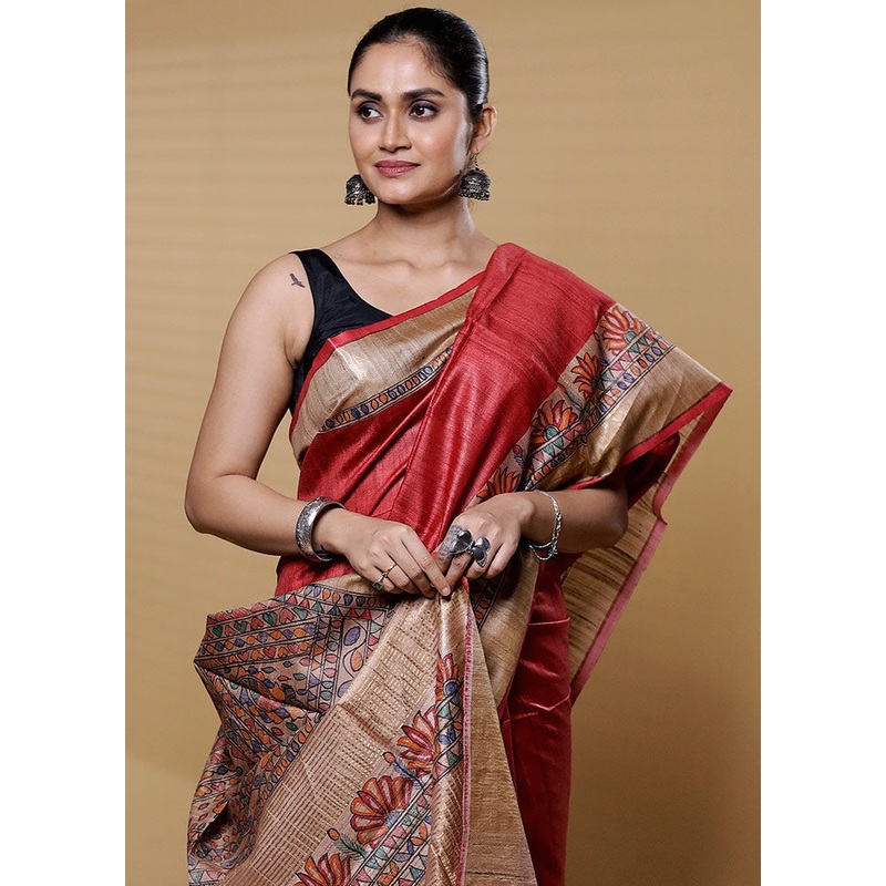 Red Handloom Tussar Pure Silk Saree With Blouse Piece - JD986612205