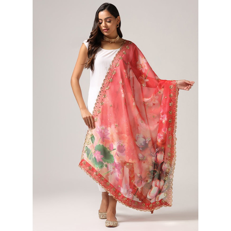 Red Organza Designer Digital Printed Work Dupatta - JD986612243