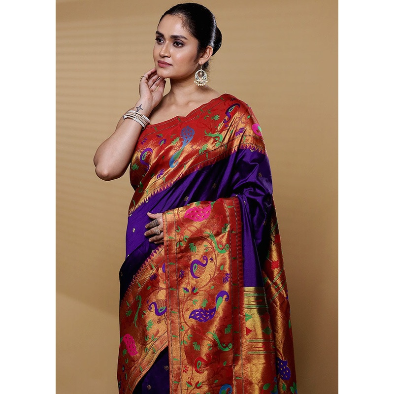 Voilet Handloom Kanchipuram Pure Silk Saree With Blouse Piece - JD986612238