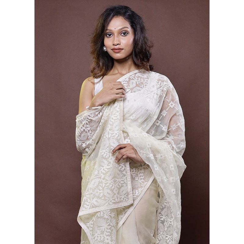 White Organza Saree With Blouse Piece - JD986612277