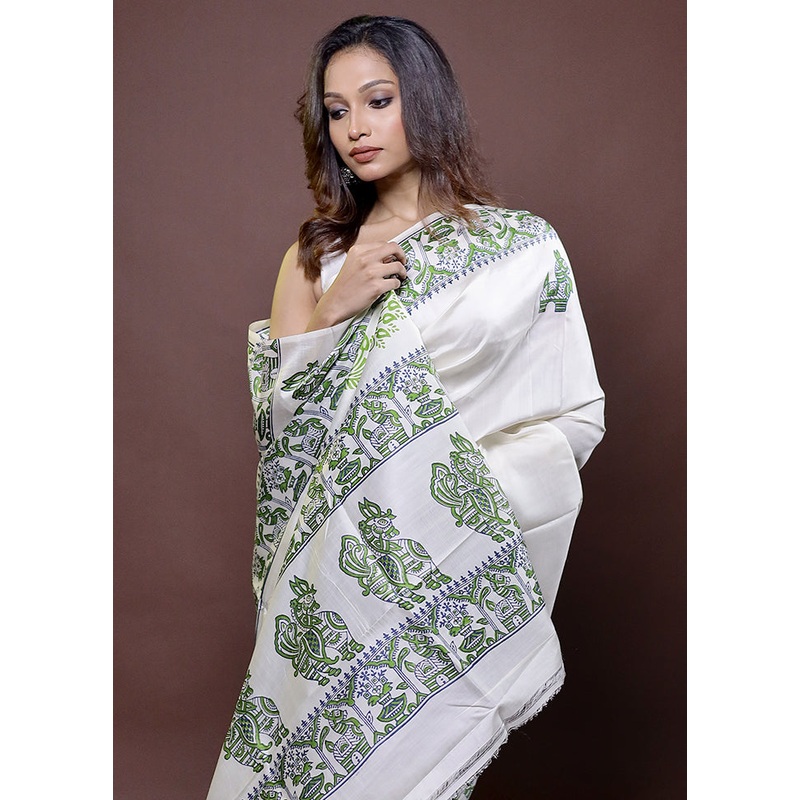 White Pure Bishnupuri Silk Saree Without Blouse Piece - JD986612201