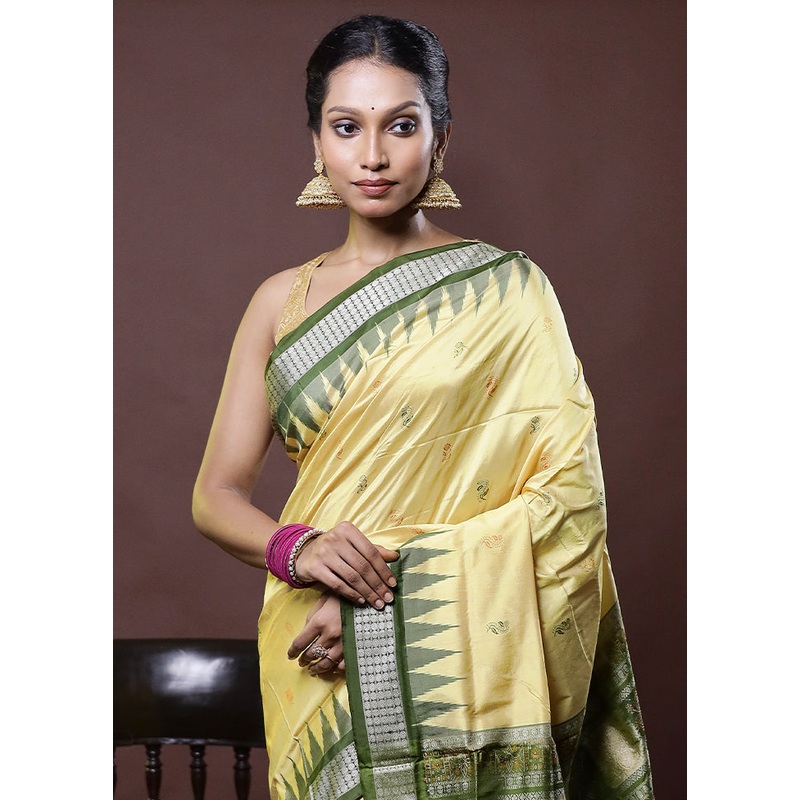 Yellow Handloom Bomkai Pure Silk Saree With Blouse Piece - JD986612276