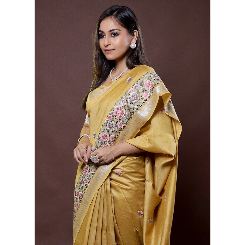 Yellow Handloom Pure Muga Dupion Silk Saree With Blouse Piece - JD986612172