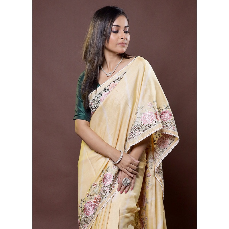 Yellow Handloom Tussar Pure Silk Saree With Blouse Piece - JD986612171