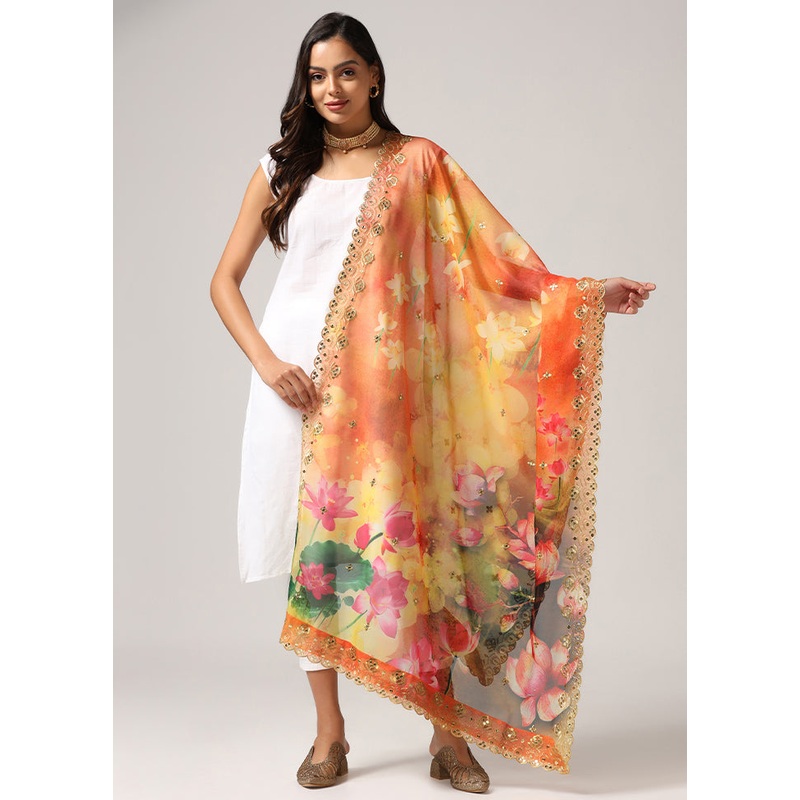 Yellow Organza Designer Digital Printed Work Dupatta - JD986612242