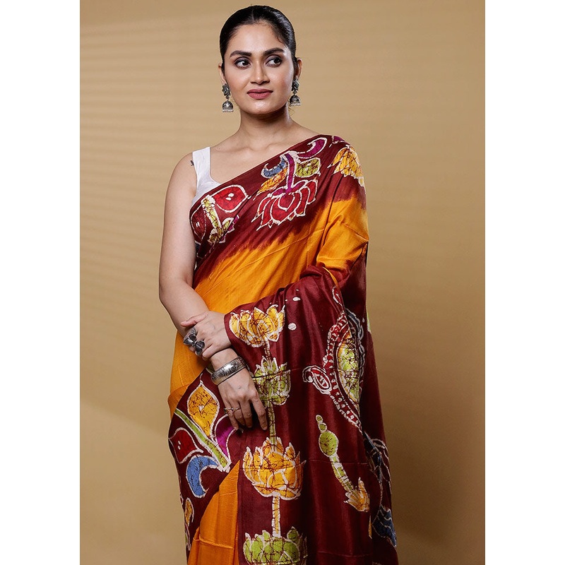 Yellow Printed Pure Silk Saree Without Blouse Piece - JD986612200