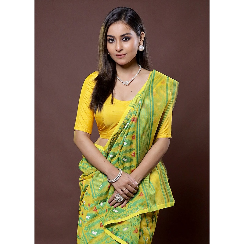 Yellow Tant Jamdani Saree Without Blouse Piece - JD986612167
