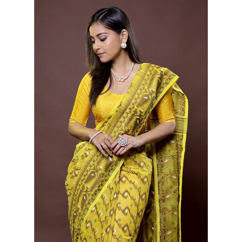 Yellow Tant Jamdani Saree Without Blouse Piece - JD986612168