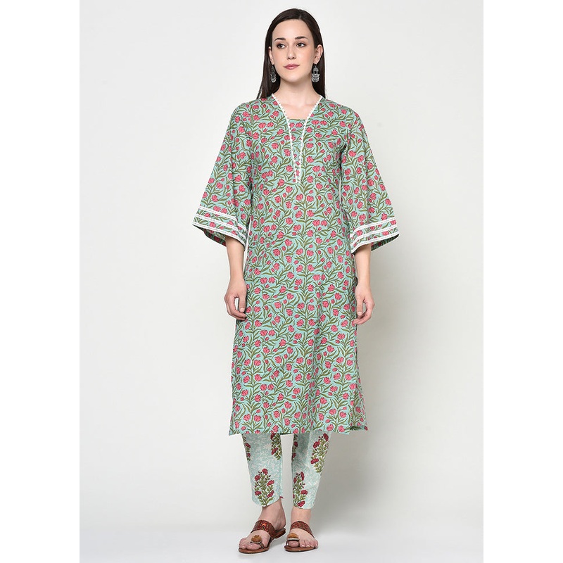 2 Pc Green Pure Readymade Cotton Kurti Set - JD986611903