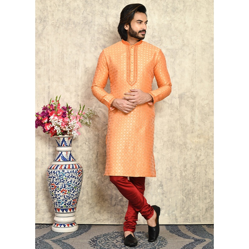 2 Pc Rust Silk Kurta Pajama Set - JD986612072
