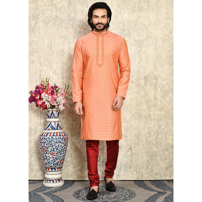 2 Pc Rust Silk Kurta Pajama Set - JD986612073
