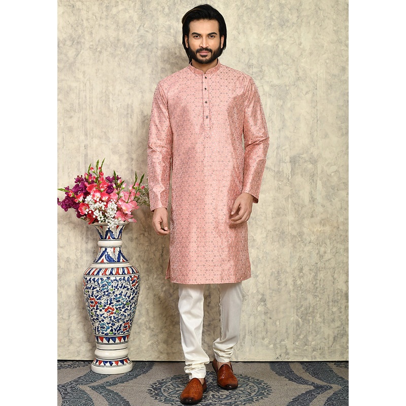 2 Pc Rust Silk Kurta Pajama Set - JD986612074