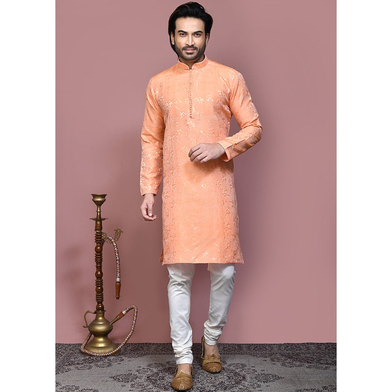 2 Pc Rust Silk Kurta Pajama Set - JD986612075